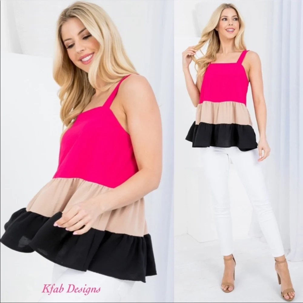 ❤️LAST 1! Fuchsia Square Neckline Tiered Ruffle Color Block Top! - Picture 2 of 7